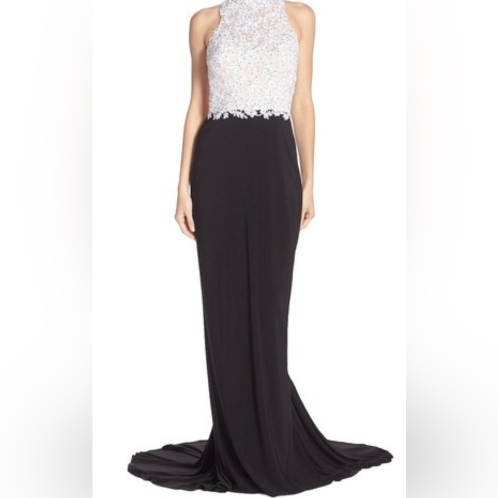 Blondie Nites Iridescent Beaded Bodice Navy Blue Side Slit